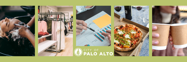 A collage of photos including a hair salon, clothing store, paperwork, pizza, and coffee