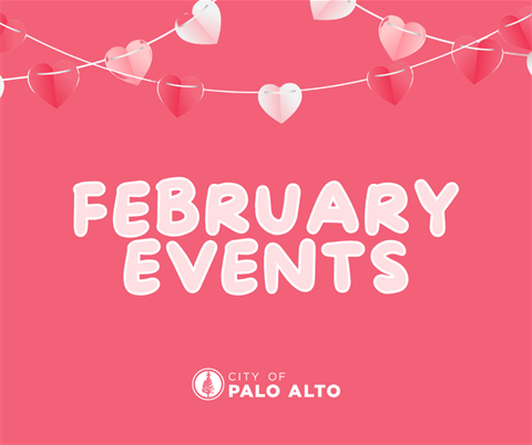 Text: February Events, with pink and hearts background