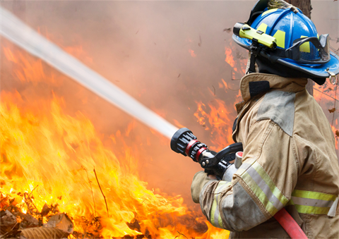 A firefighter sprays water onto a wildfire