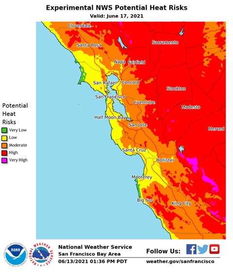 Heat Risk map for June 17, 2021 shows potentially moderate conditions for Palo Alto