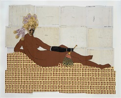 Brown reclining female nude with brain scans for a face and headdress, and black prosthetic right arm holding peacock fan