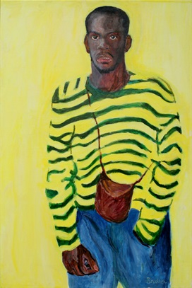 Bill Bruckner, "Leroy #2", 1997 Young African American man wearing blue jeans and a polo shirt with green and yellow stripes against a yellow background