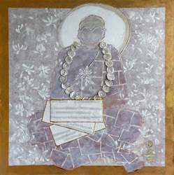 Catherine Lecce-Chong, "Quinacridone Gold Guru", 2020 Monk figure with halo and necklace of gold sequined lace medallions sits cross-legged holding prayer book