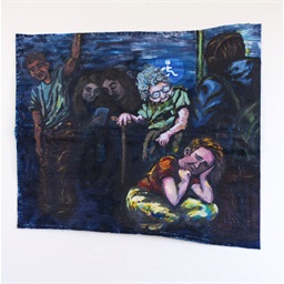 Rachel Ungerer, "Will I Lose My Dignity, Invisible in Your World?", 2021 Crowded bus with sorrowful young white figure sitting on the floor