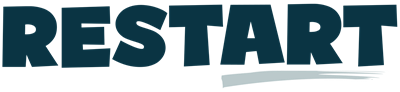 RESTART logo in dark blue capital letters with a light-blue swish under the letters