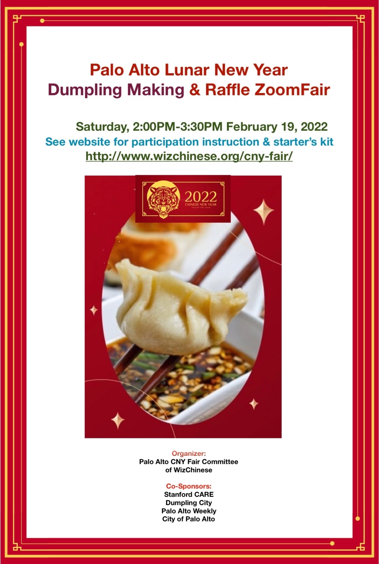 2022 Palo Alto Lunar New Year Dumpling Making and Raffle Zoom Fair Poster