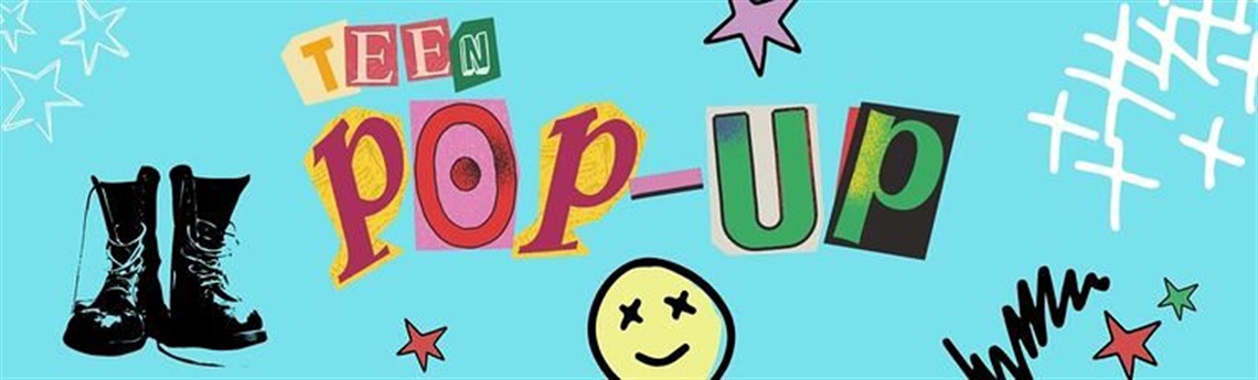 Collage cut-outs spelling out Teen Pop-Up surrounded by doodles