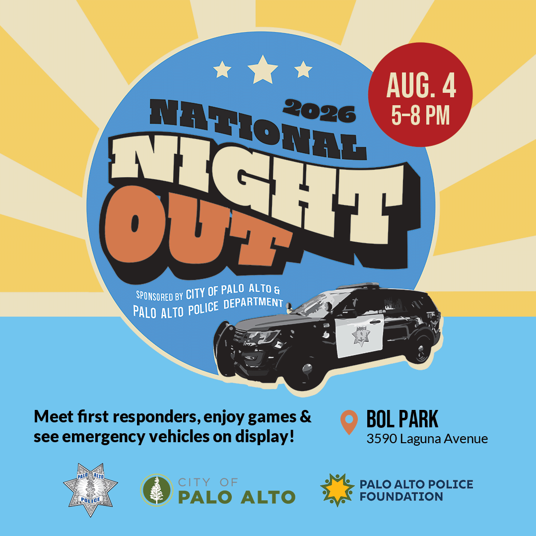 Image advertising National Night Out event with a Palo Alto police car