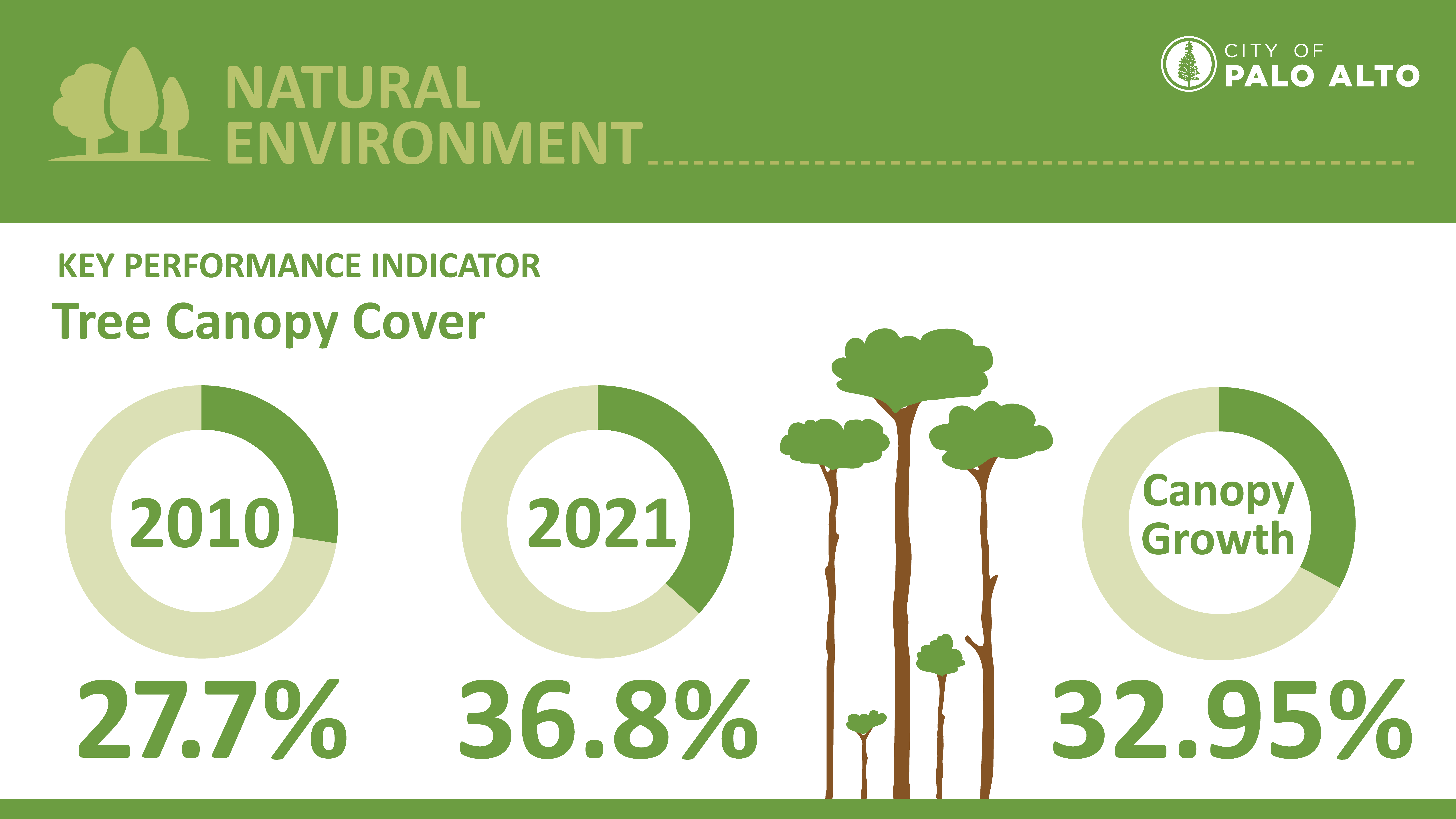 graphic showing change in canopy cover. In 2021, canopy cover in Palo Alto was 36.8%, compared with 27.7% in 2010