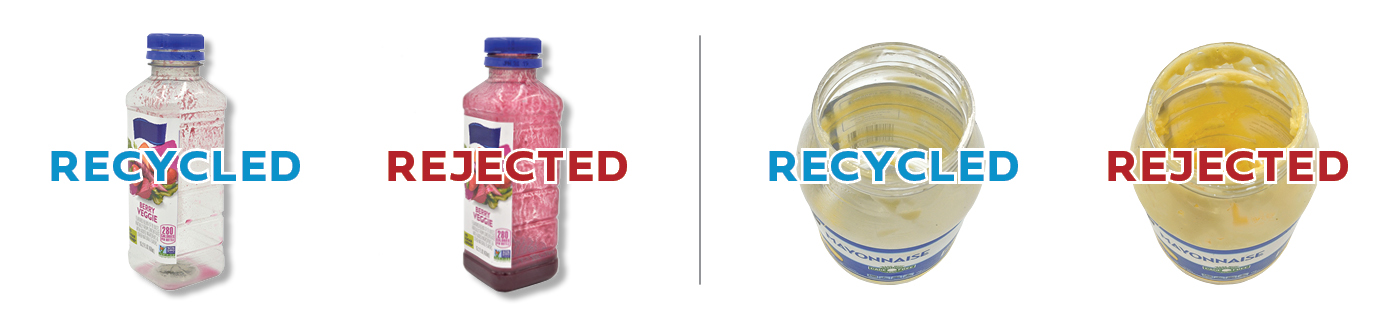 empty juice bottle getting recycled. not empty juice bottle getting rejected. empty food jar getting recycled. not empty food jar getting rejected