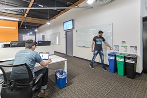 Color-coded, labeled waste station at Live-Action's offices