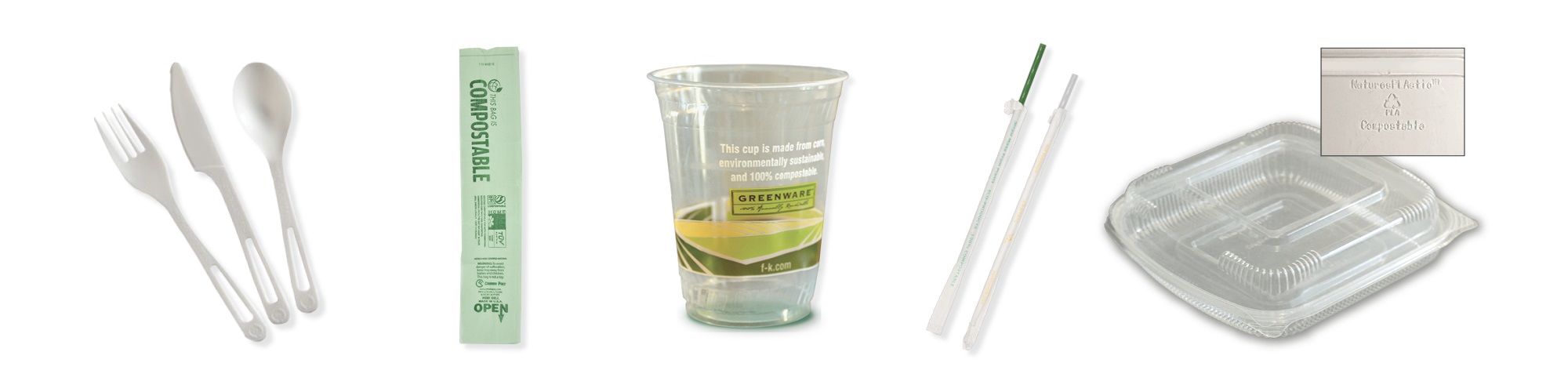 compostable plastics ustensils, bags, cups, straws and takeout contianer