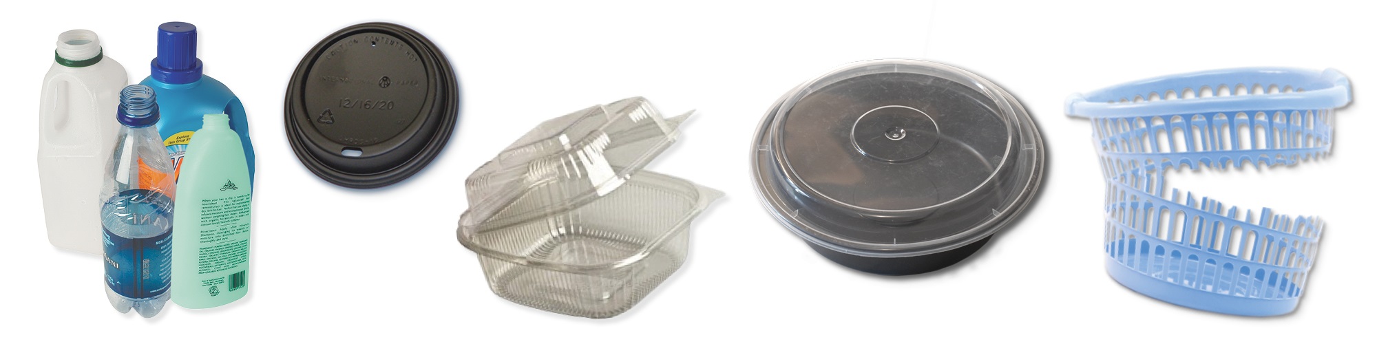 plastic water and luadry detergent bottles, plastic clamshells, plastic takeout containers, laundry basket