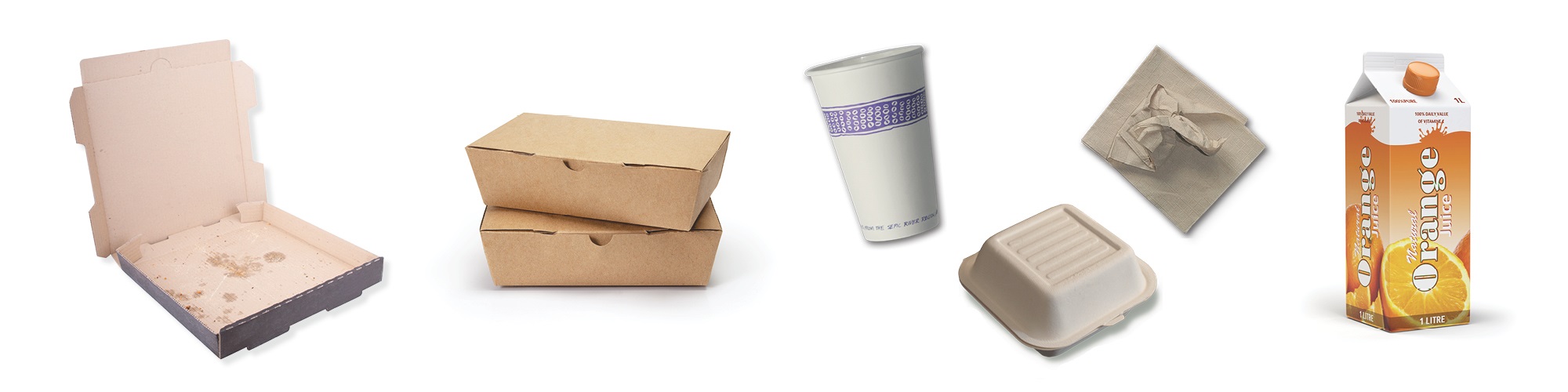 pizza box, paper takeout containers, paper cups, napkins, paper towels, paper milk and juice cartons