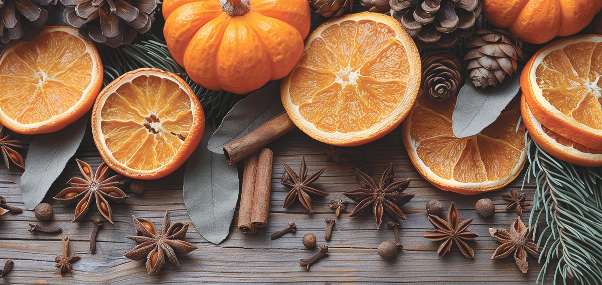 orange slices, cloves, pine needles