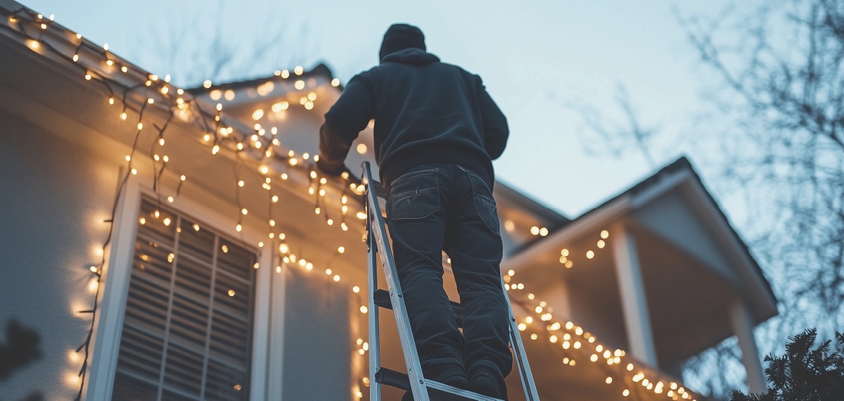 man hanging holiday lights on house