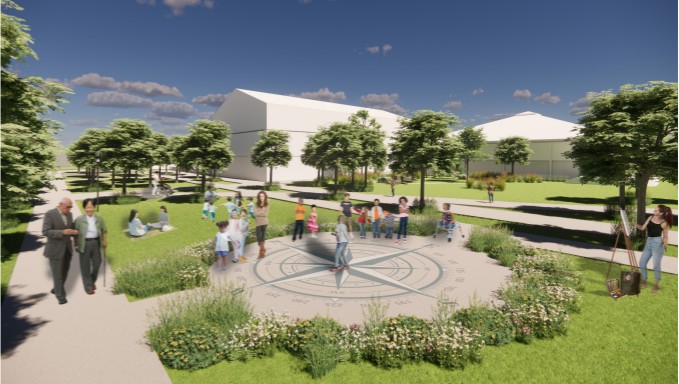 digital rendering of a large sundial on the ground
