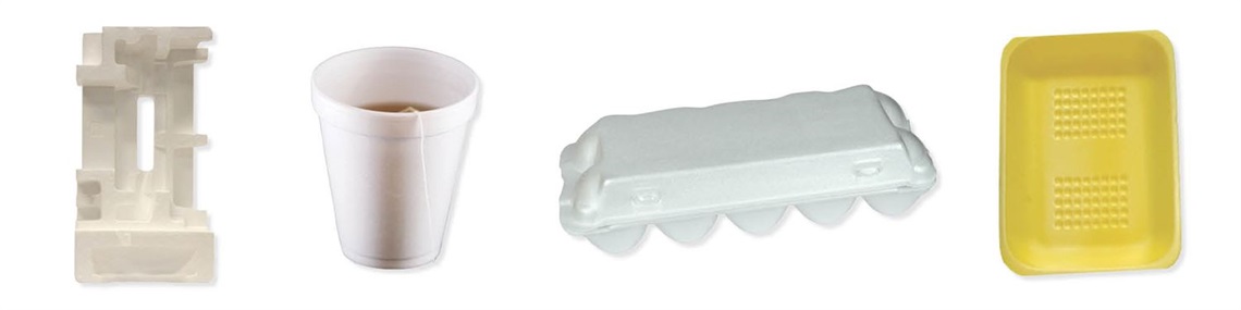 styrofoam packing, cups, egg cartons, meat trays