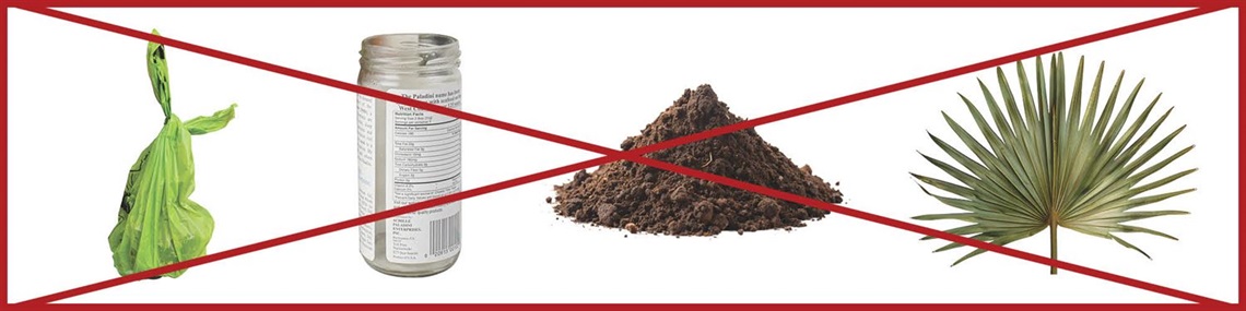 no poop bags, no glass, no soil, no palm tree