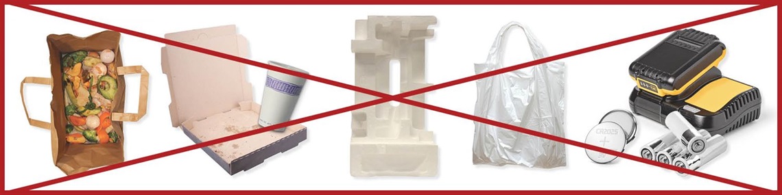 Food scraps, pizza box, paper coffee cup, Styrofoam, single plastic bags, batteries