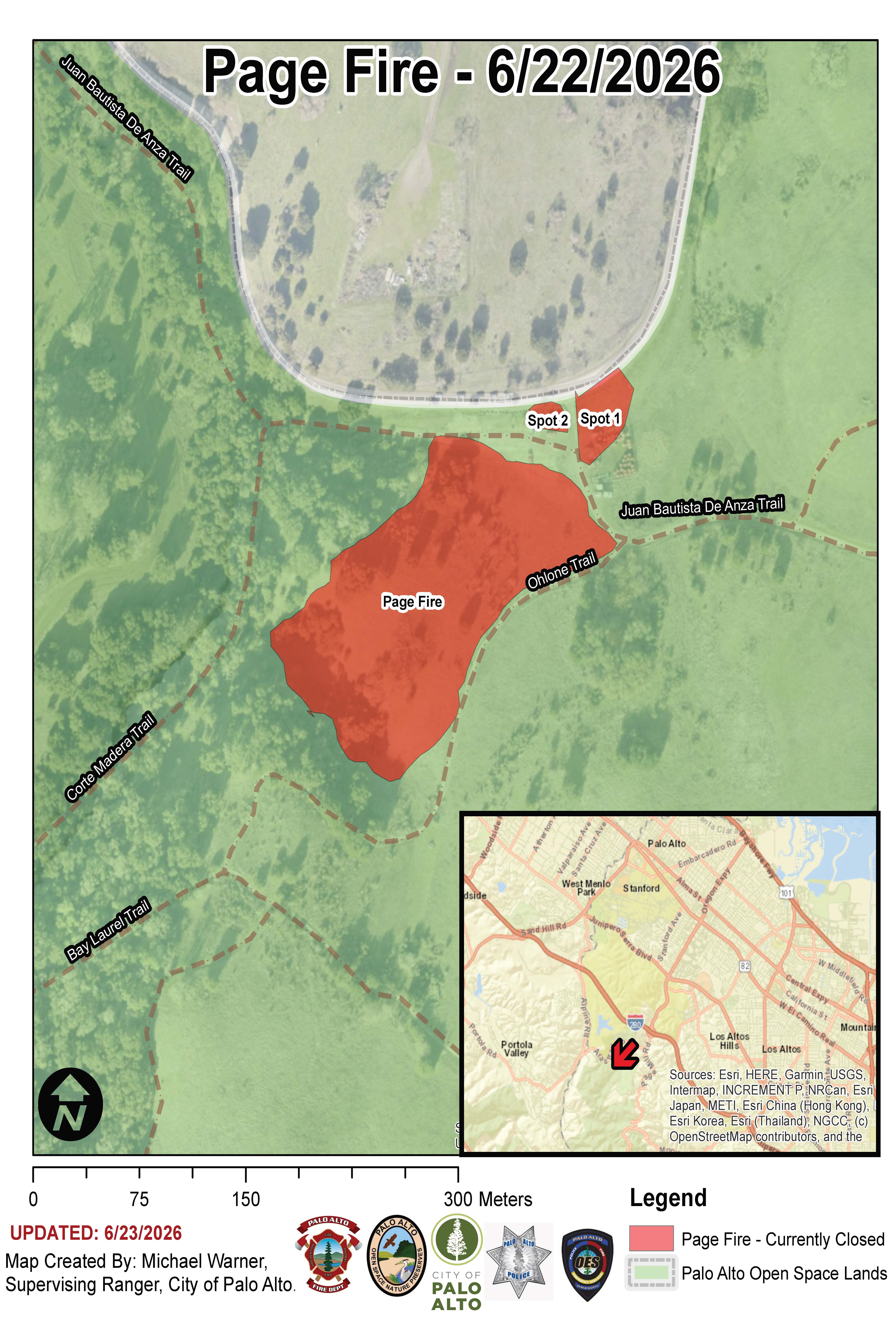 map of the page fire area next to ohlone trail and juan bautista de anza trail