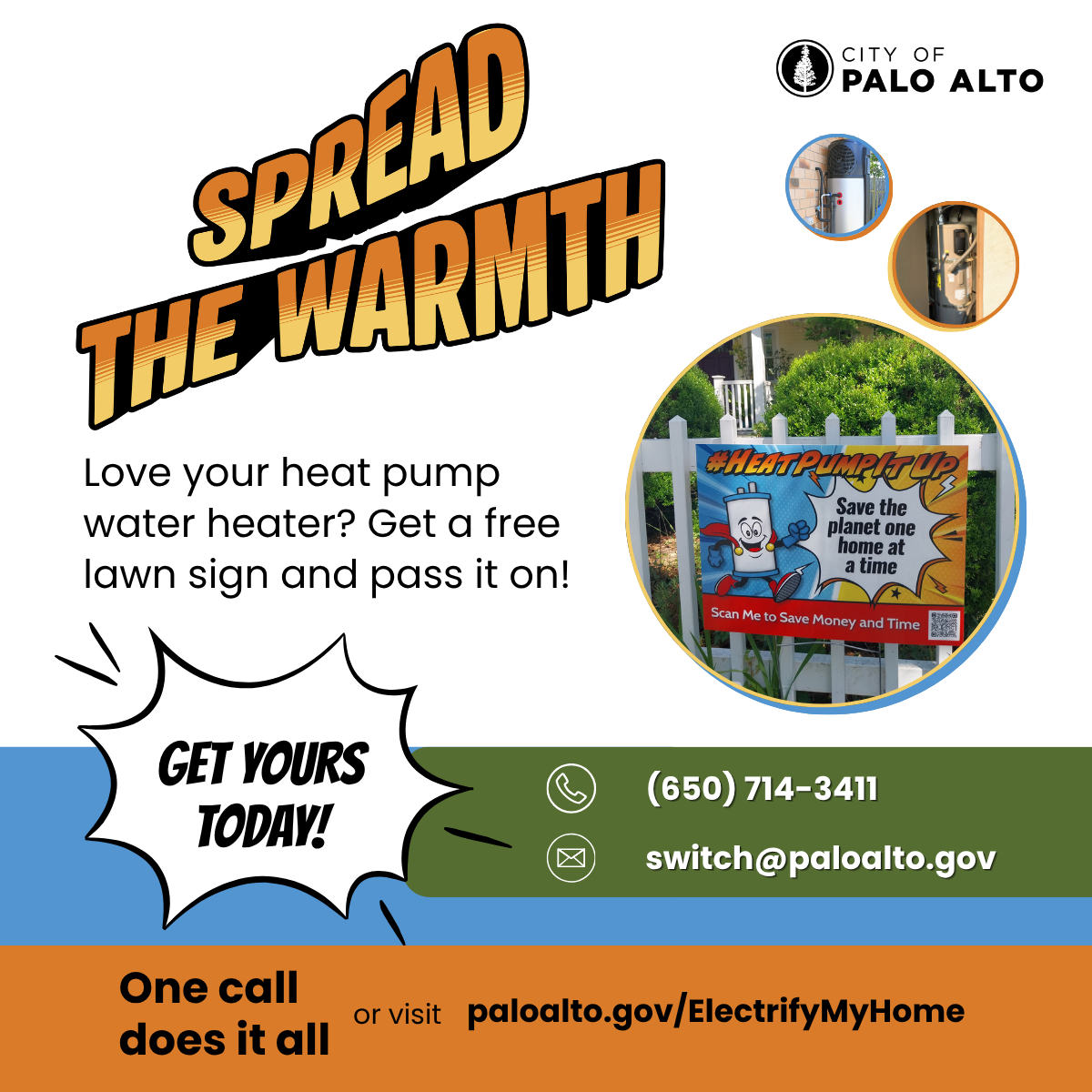 Spread the Warmth flyer showing a Palo Alto lawn sign for heat pump water heater owners