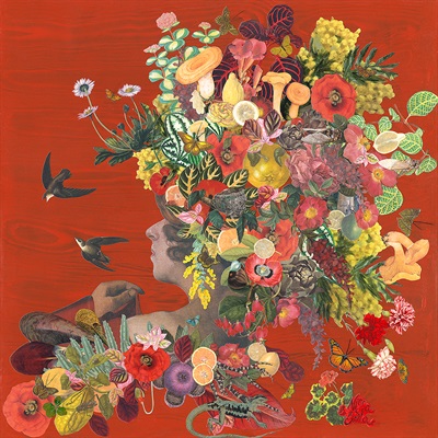 image of flowers and leaves against a red background, face peeking through