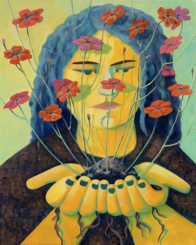 image of female figure with outstretched hands and a plant
