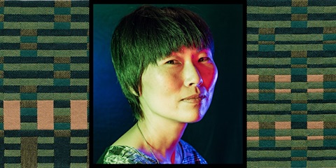 headshot of artist Ahree Lee with artwork