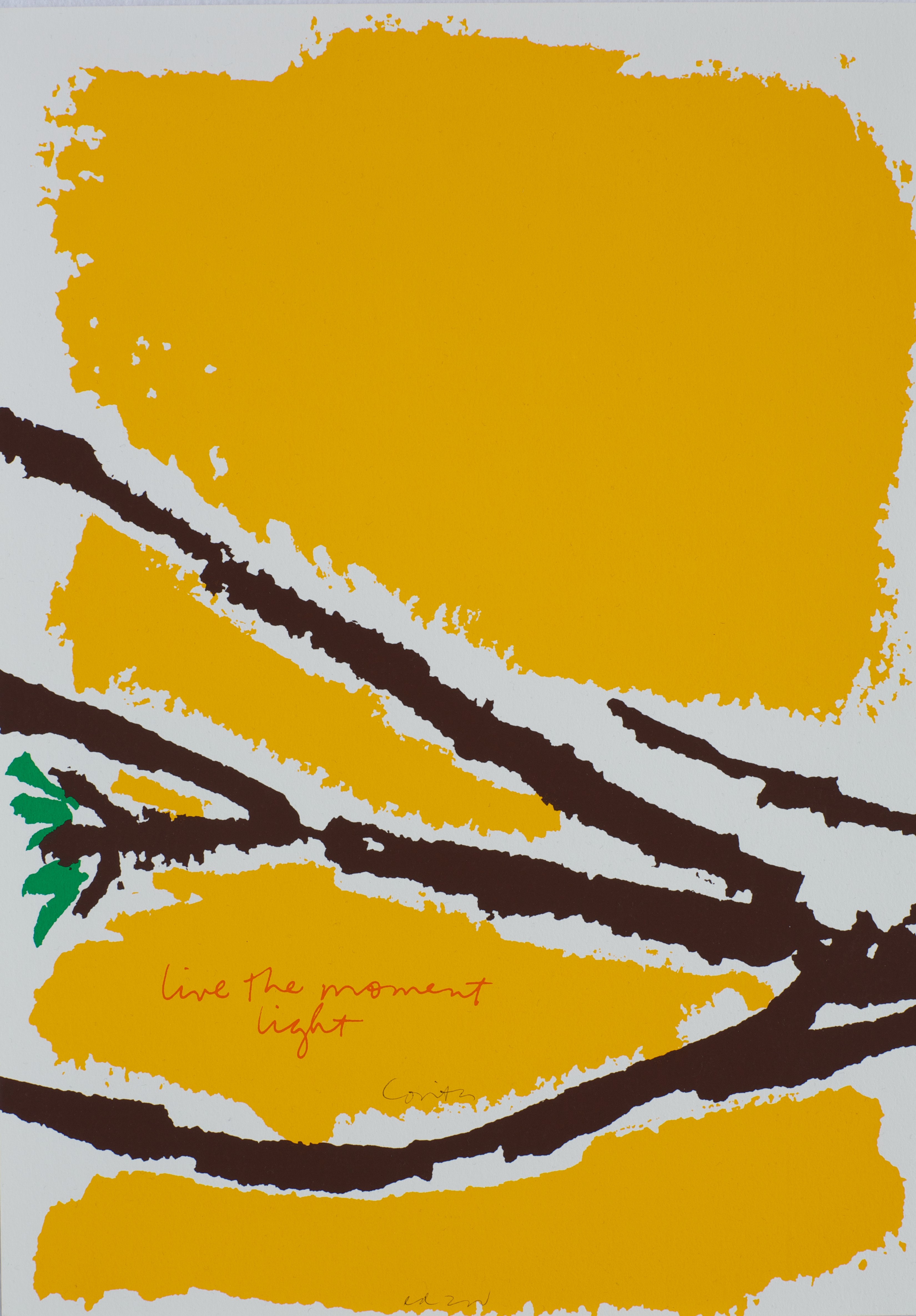 Corita Kent silkscreen with yellow swatches and black branches