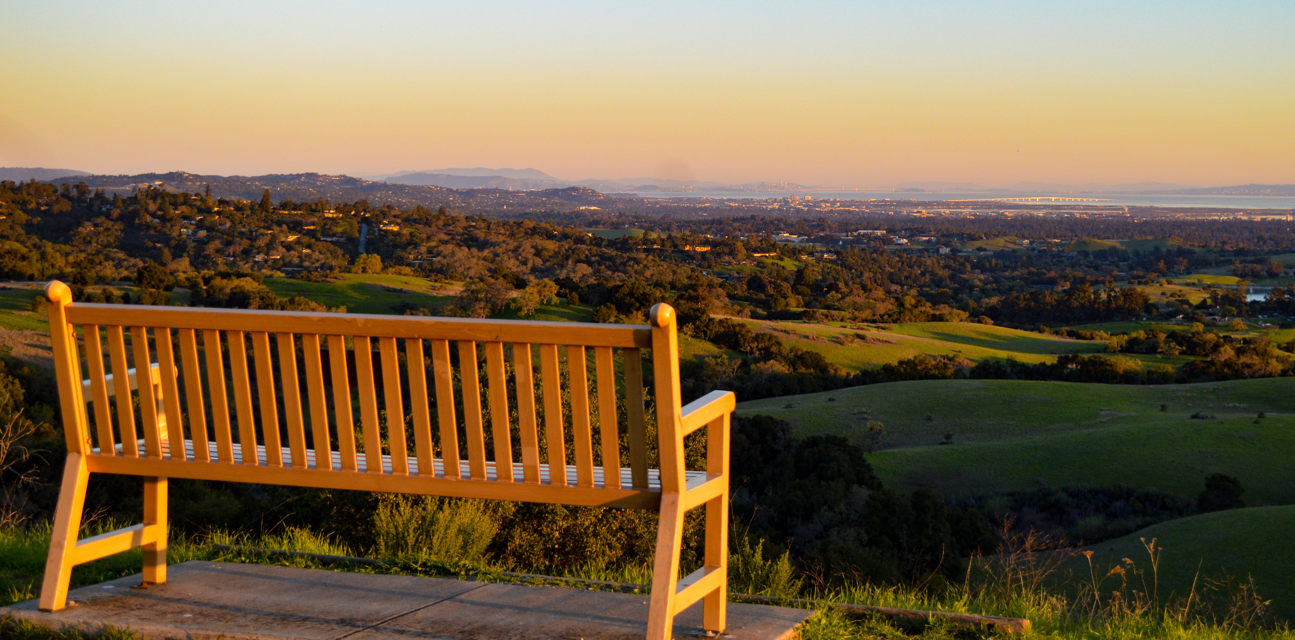 Foothills Nature Preserve, several people enjoying the view of the rolling green hills eastward toward Stanford, Downtown Palo Alto and the bay