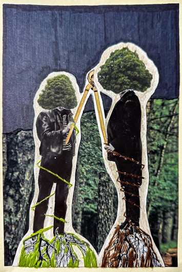 collaged and stitched image of two figures